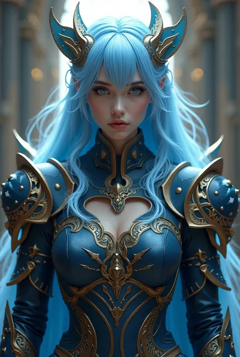 Flowing light blue hair, wearing ornate dark blue and gold armor, Complex Accessories, detailed owl shaped design elements, relaxed pose, indoor setting, soft ambient lighting, ethereal and majestic atmosphere, front view angle, fire until no hired, artist...