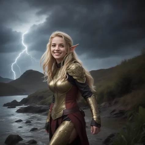 Young girl archer in a mountain, smiling, full green and red armor, green details, whole body, long blonde hair, elf ears, red eyes. Its a rainy day, cloudy stormy sky, flash of lightning, dense rain falling, highly detailed armor ornamented with intricate...