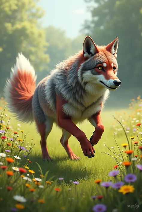 Wolf fox in a green flowery field