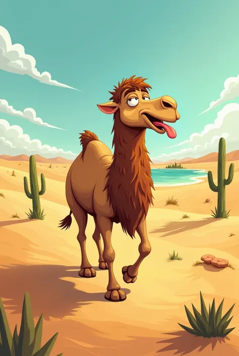 Cartoon camel in the desert thirsty and feeling hot, oasis, cactus, hot sun