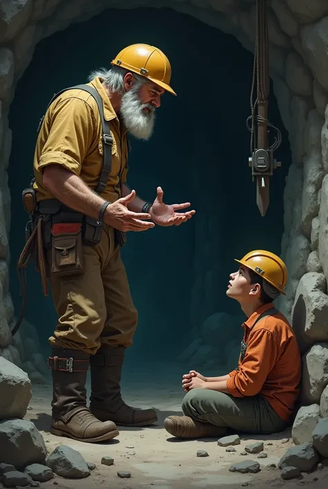 Miner talking to clueless miner sitting on the ground