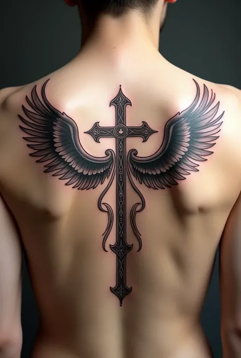 Tattoo of a cross with wings on the sides 