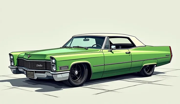 Deep learning model flowchat in colour of a moss green  colored 1967 cadillac deville coupe, 2 door, pop art, cartoonish style , sketch, detailed illustration, slammed to the ground, large black staggered wheels, wide bodykit, masterpiece, highly detailed ...