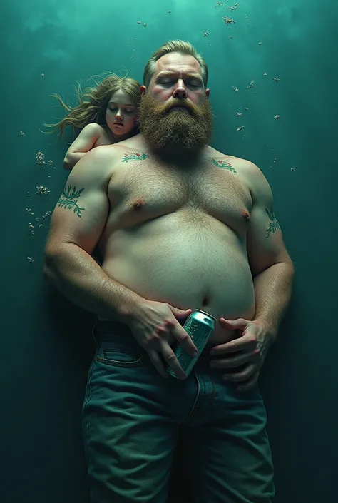 Generates an image of a handsome man, light brown hair, with short hair and back, with a beard and lots of hair on his body, with a belly and holding a can of beer, Drunk man lying at the bottom of the ocean asleep, and microscopic woman hugging him