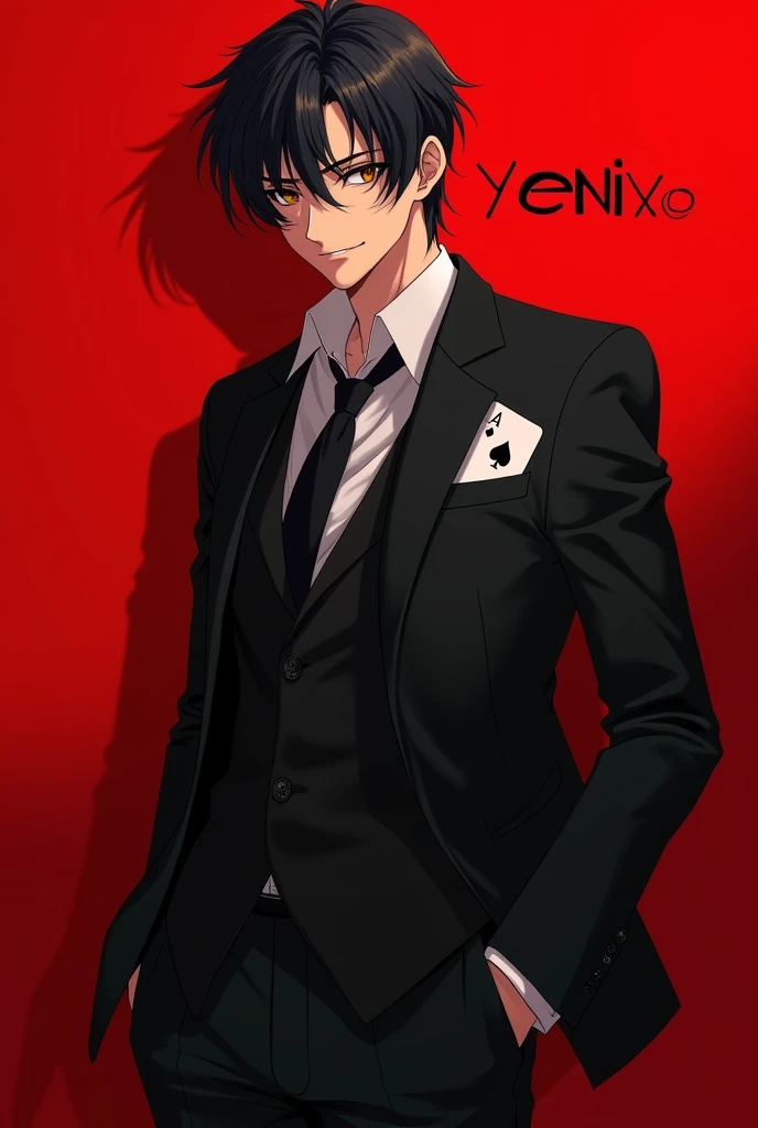 anime artwork, handsome man, suit, black suit, ace of spades card in pocket, red background, smoking, text white in background "Yenixo" stylish. medium long hair