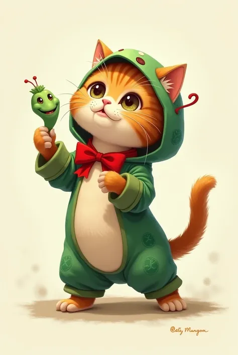 Cat Dance　A brown-furred cat playing a game Cat dressed as a green snake Snake costume Wearing a red ribbon。
There is no cute person, only one cat standing
