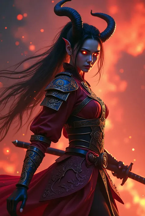 (best quality,4k,8k,highres,masterpiece:1.2), ultra-detailed, (realistic,photorealistic,photo-realistic:1.37), terrifying scarlet white demon girl with the appearance of a samurai, possessing a beautiful face and slender body, holding a sword. demonic, sam...