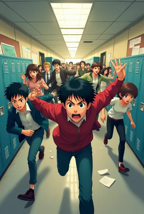 2D anime style drawing of students running desperately through the school