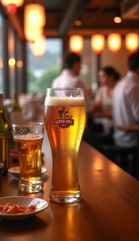 Japanese Izakaya、Japanese Skewer Restaurant、Skewers、Clear and golden beer、Asahi Superdry、Crystal Glass、Beautiful beer、Cold beer、Chic interior、Bustling interior、highest quality, High resolution, High resolution, masterpiece, detail, High detail, quality, Hi...