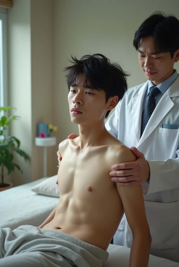 A short young man cuts his messy black hair、Completely naked、Full nudity、完全Completely naked、Naked、Slim body、Realistic Hyper-Realistic、Real Japanese、UHD  8k、Detailed Photos、Perfect Face、Embarrassed look、Detailed location、Osteopathic clinic、I am receiving ch...