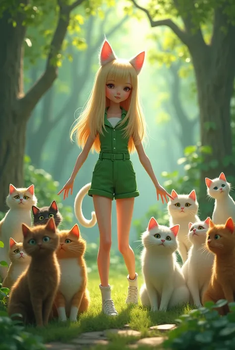 My. A 20 year old Korean girl, with white cat ears,blonde, with a white cat tail,long-haired, wearing a short green jumpsuit,in a forest full of cats.