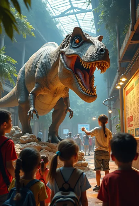 Children on a school trip listening attentively to the Tyrannosaurus Rex exhibition at a dinosaur zoo in a room where even each of the dinosaur&#39;s parts is displayed. For small children of 5 years where a sign is seen