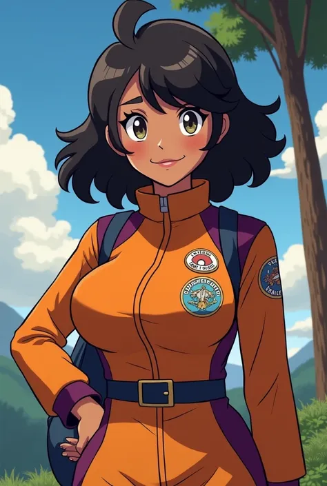 1girl, curvaceous and chubby build, busty chest, Pokemon gen 2 composition, Pokemon gen 2 style, dark eyes, caramel brown skin, and black feathered 70s hair, tired eyes, nonchalant smile expression, eye bags, astrophysicist uniform, Pokemon trainer badges,...