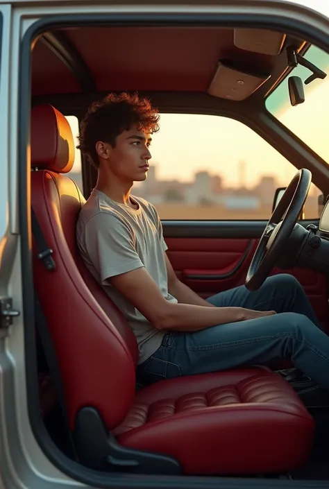 A young man in a leather bucket seat 205 gti door open 
