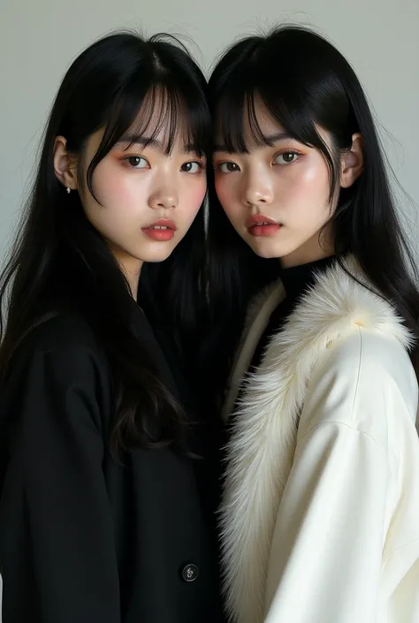 2 girl with long black hair and bangs black jacket white fur full body