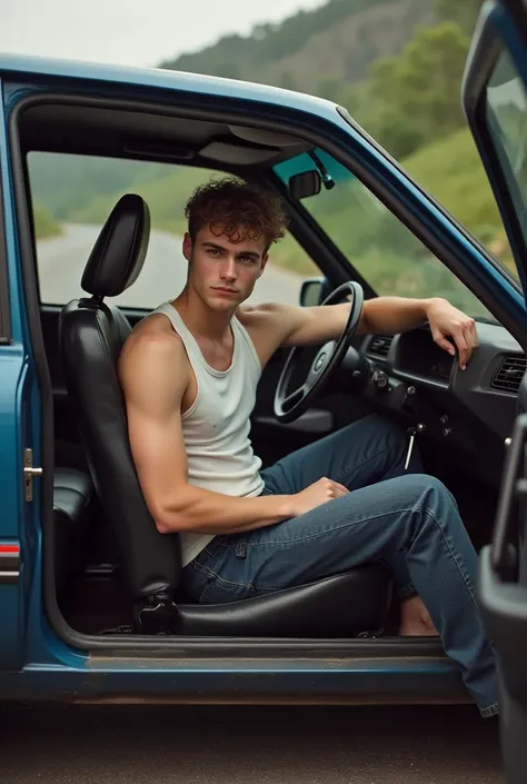 A young man in a 205 gti leather seat with the door open 
