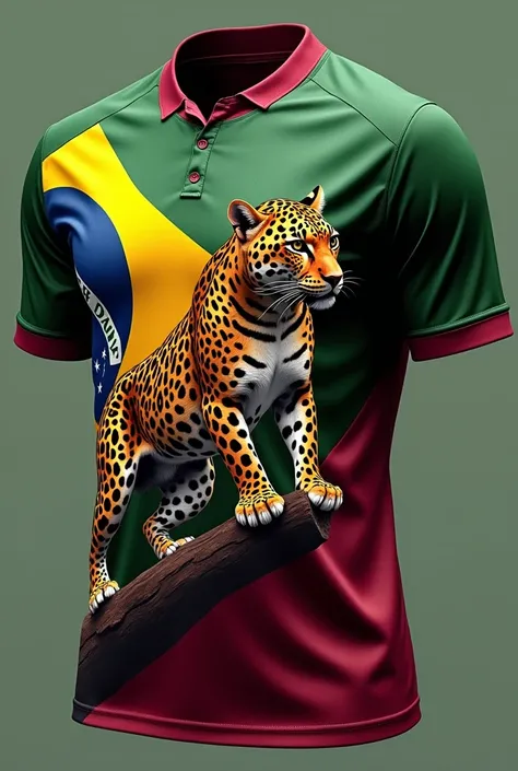 Burgundy sports shirt with the Brazilian flag and a leopard on it 