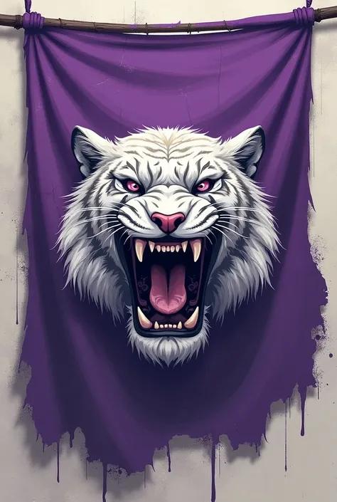 Flag, violet flag, white tiger head bitting a ying-yang symbol, white symbol, worn out flag 