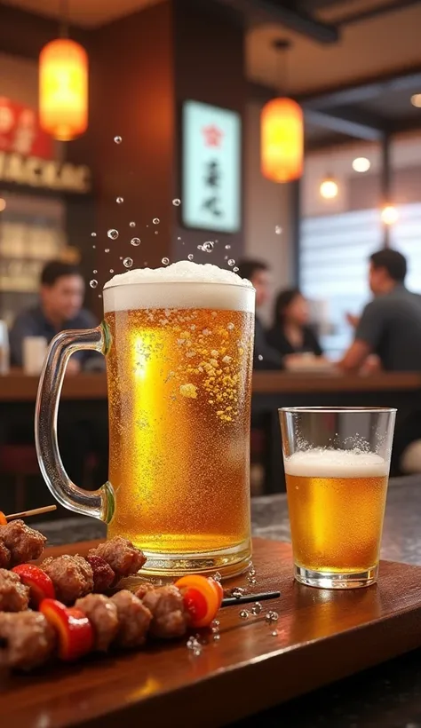 japanese izakaya、yakitori restaurant、skewers、clear and golden beer、asahi superdry、realistic water droplets、water droplets are tr...