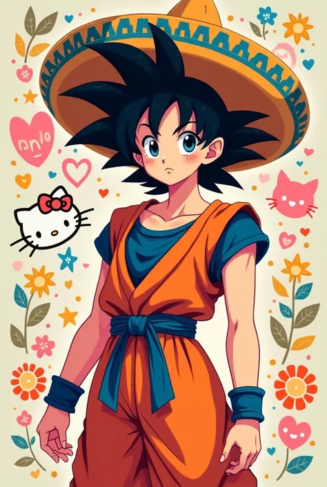 Female woman dressed as Goku with Mexican hat and Hello Kitty kawaii background