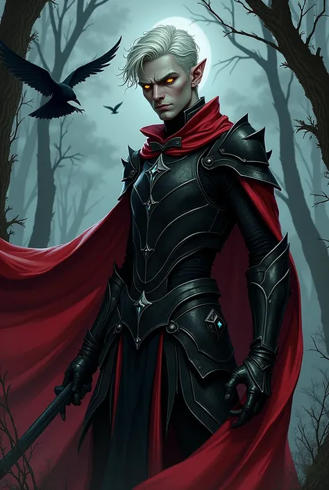 short white hair, yellow eyes, grey skin, moody, black armor with red cape, ravens in the forest, close up portrait, night sky, elf, male, anime, comic, graphic novel, gothic, knight, action pose, dramatic lighting, horror fantasy, horror, spooky, ghost hu...