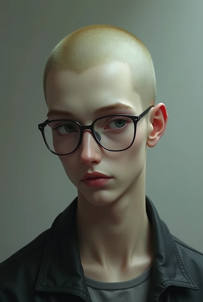 Young man approximately 2 pale white skin and few muscles. Thin, angular face and deep-set, dark eyes, the eyebrow and hair are cool medium blonde and the buzzcut haircut. without much expression, has thin lips and rectangular silver-framed glasses on his ...