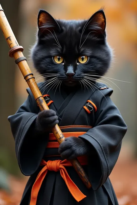 a black cat, child, IN SAMURAI CLOTHES WITH A BAMBOO SWORD