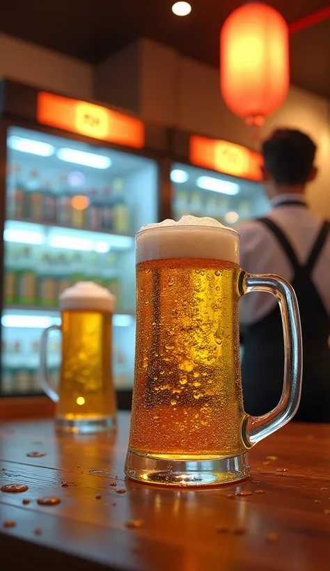 Japanese Izakaya、Japanese Skewer Restaurant、Skewers、A fridge full of beer、Beer Server、Clear and golden beer、Asahi Superdry、Realistic water droplets、Water droplets are transparent and have accurate reflections、Medium-sized mug with handle、Crystal Glass、Beau...