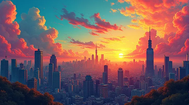 Image representing music with beautiful city skies in the background full of colors 