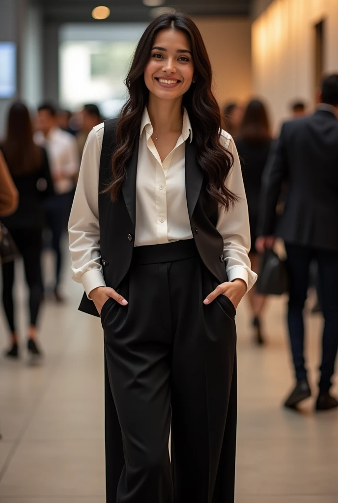 A black haired Brazilian woman standing at an event , wearing a white long-sleeved, high-neck cotton shirt with a black vest and long black dress pants, and happy personality.