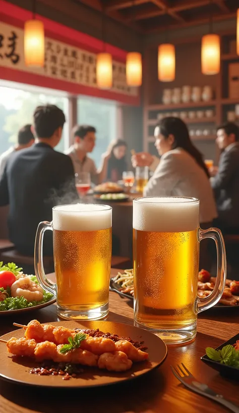 Japanese Izakaya、Japanese Skewer Restaurant、Skewers、Clear and golden beer、Asahi Superdry、Medium-sized mug with handle、Crystal Glass、Beautiful beer、Cold beer、Chic interior、Bustling interior、highest quality, High resolution, High resolution, masterpiece, det...