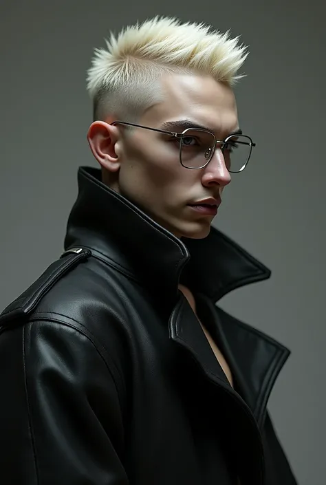 Young man approximately 2, pale white skin and few muscles but powerful appearance. Angular face and deep-set black eyes, the eyebrow and hair are cool medium blonde and the buzzcut haircut. without much expression, has thin lips and rectangular silver-fra...