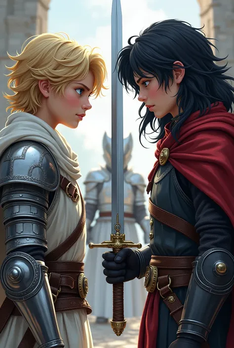 make a drawing 2 two guys, one of these guys has wavy blonde hair, blue colored eyes, while the other guy has black hair, black eyes, and it&#39;s taller, both are in armor and with sword. and a younger appearance to the blond-haired young man, and a more ...