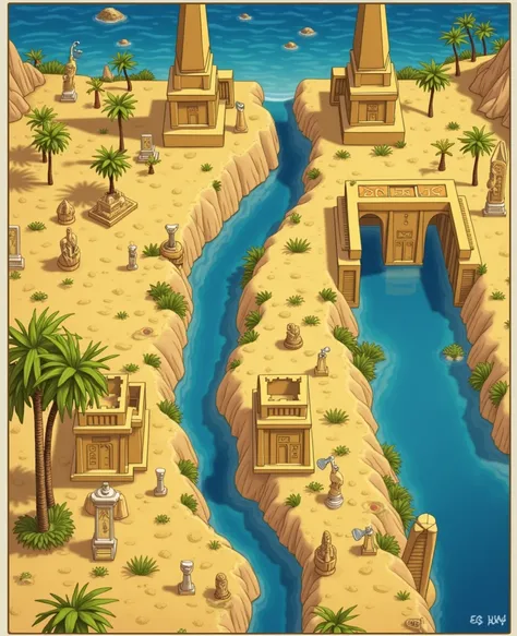 Generate an image that will serve as the background for an Egyptian-themed board game board based on the images provided. Do not include pyramids or mountains in the generated image. You can use the Nile River and the Red Sea as central references in the i...