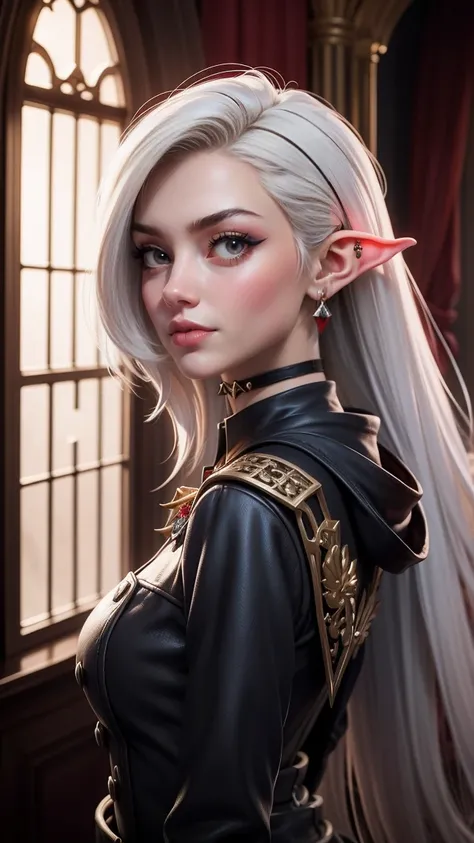 A striking close-up portrait of a fantasy character with asymmetrical hair, featuring vibrant red and white strands. The character has pointed ears and piercing red eyes, exuding a mysterious allure. They wear an elegant, high-collared black coat with red ...