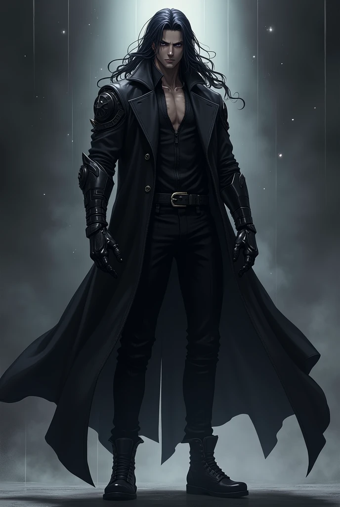 Black skin anime male character with lean and muscular build and has a jet black hair flowing like shadows he wears a sleek, dark trenchcoat, his eyes are a piercing silver he wears combat boots his left arm is encased in a high-tech gauntlet 