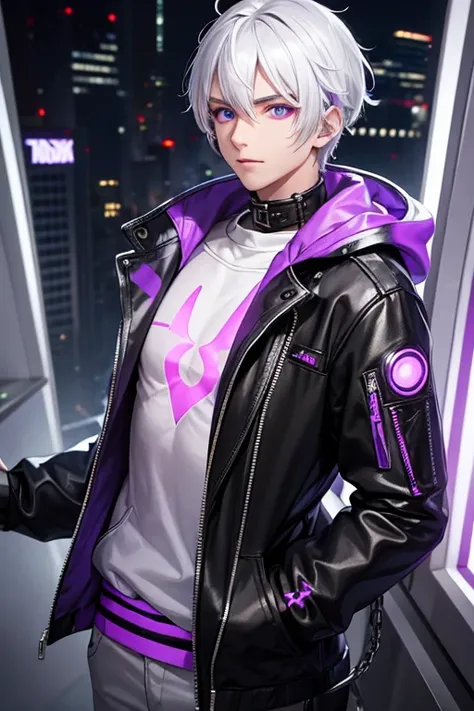 (best quality, ultra-detailed), Boy with white hair purple glowing radiant eyes wearing a stylish cyberpunk fashion hoodie