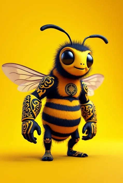 Tattooed bee, yellow and black with yellow background, animated bee, that is all tattooed