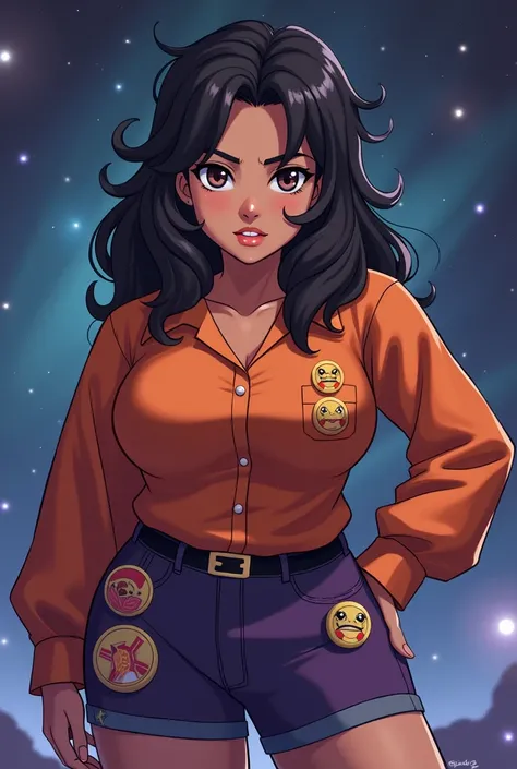 1girl, curvaceous and chubby build, busty chest, Pokemon gen 2 composition, Pokemon gen 2 style, dark eyes, caramel brown skin, and black disheveled 70s hair, tired and lidded eyes, lazy smile expression, eye bags, astrophysicist, Pokemon gym leader vibe, ...