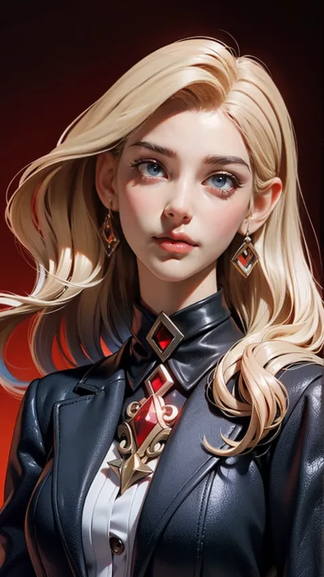 A striking close-up portrait of a fantasy character with asymmetrical hair, featuring vibrant red and white strands. The character has pointed ears and piercing red eyes, exuding a mysterious allure. They wear an elegant, high-collared black coat with red ...