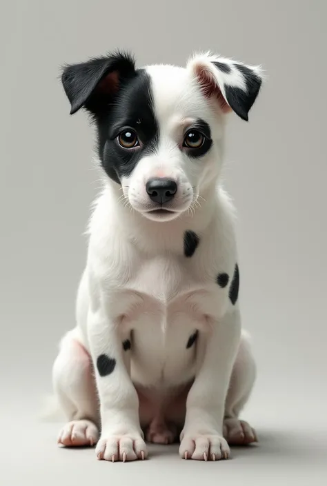 A white dog with black spots and a black face with low-set ears and short fur