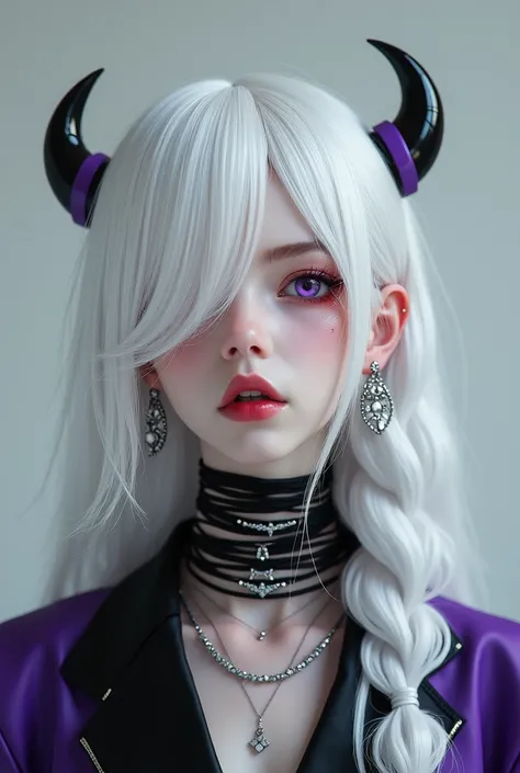 a boy with light skin, long white hair and longer bangs falling over his eyes and longer sidelocks, purple eyes with red eye shadows under his eyes, slightly sleepy eyes, a scar under his left eye, wearing a black purple suit, looks a bit like an angel, si...