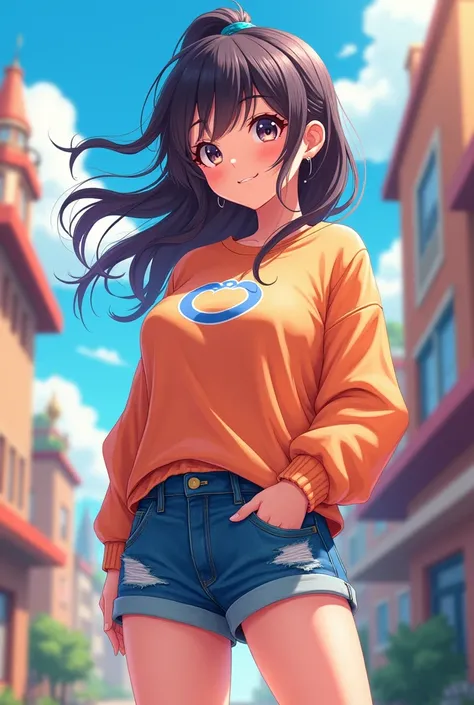 Create a female cartoon character with Satoro Gojo&#39;s characteristics and a beautiful body, with a sweatshirt and cheerful denim shorts 