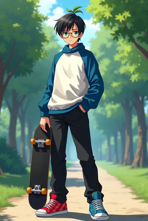 A serious 1 anime boy ,with black hair and emerald green eyes, with glasses and a plant on his head,wears a white and blue sweatshirt, pantalones negros y tenis 👟 uno rojo con cuadros blancos y el otro azul con cuadros blancos,con una patineta 🛹 en su mano...