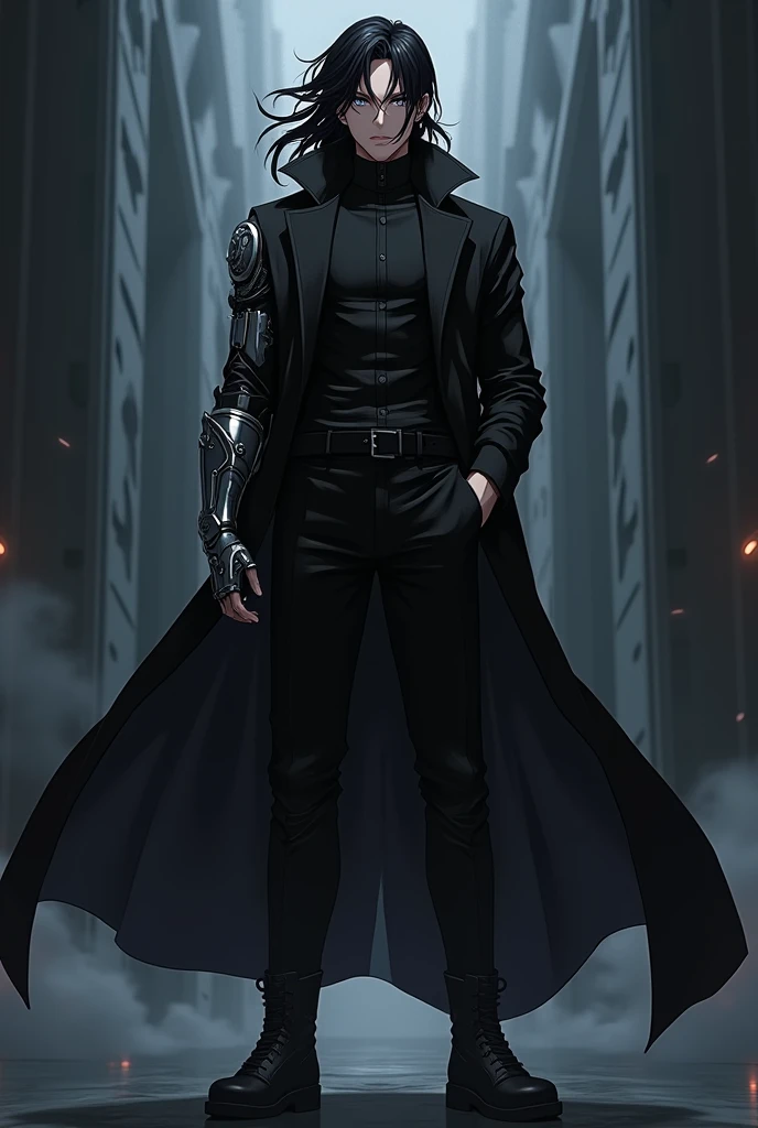 Black skin anime male character with lean and muscular build and has a jet black hair flowing like shadows he wears a sleek, dark trenchcoat, his eyes are a piercing silver he wears combat boots his left arm is encased in a high-tech gauntlet 