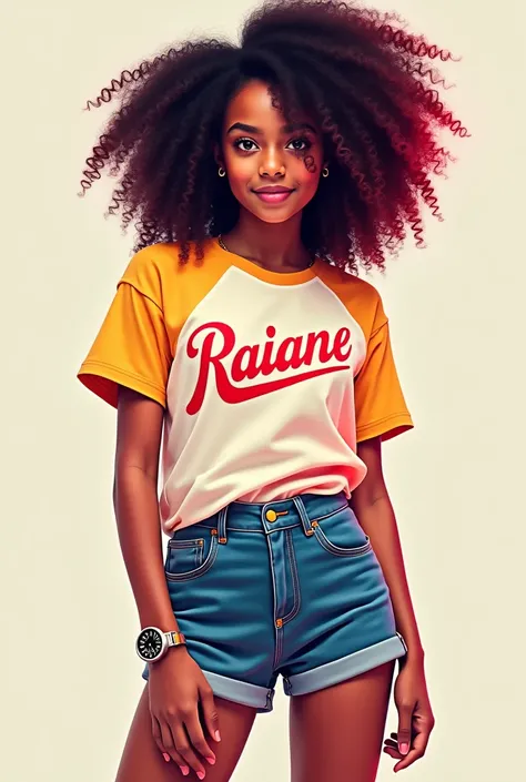  with curly hair on the shirt written "Raiane" and with very short denim shorts