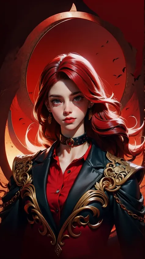 A striking close-up portrait of a fantasy character with asymmetrical hair, featuring vibrant red and white strands. The character has pointed ears and piercing red eyes, exuding a mysterious allure. They wear an elegant, high-collared black coat with red ...