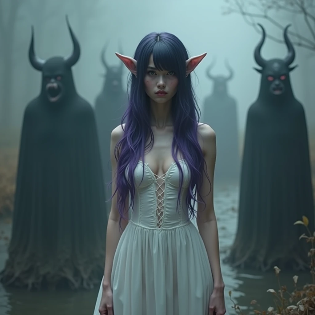 meeting with the mechanical elves overlords (([purple|black] hair)), long hair, white formfitting wet cotton dress, drenched wet fabric, hard nipples bump, see-through coton,  melancholic gaze at viewer,  (soothing tones:1.0), (hdr:1.25), (artstation:1.2),...