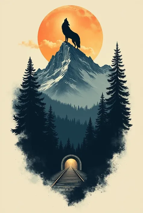 generates an idea for a simple tattoo where there is a mountain in the forest with a train tunnel and at the top of the mountain there is a wolf howling at the moon whitout much detail