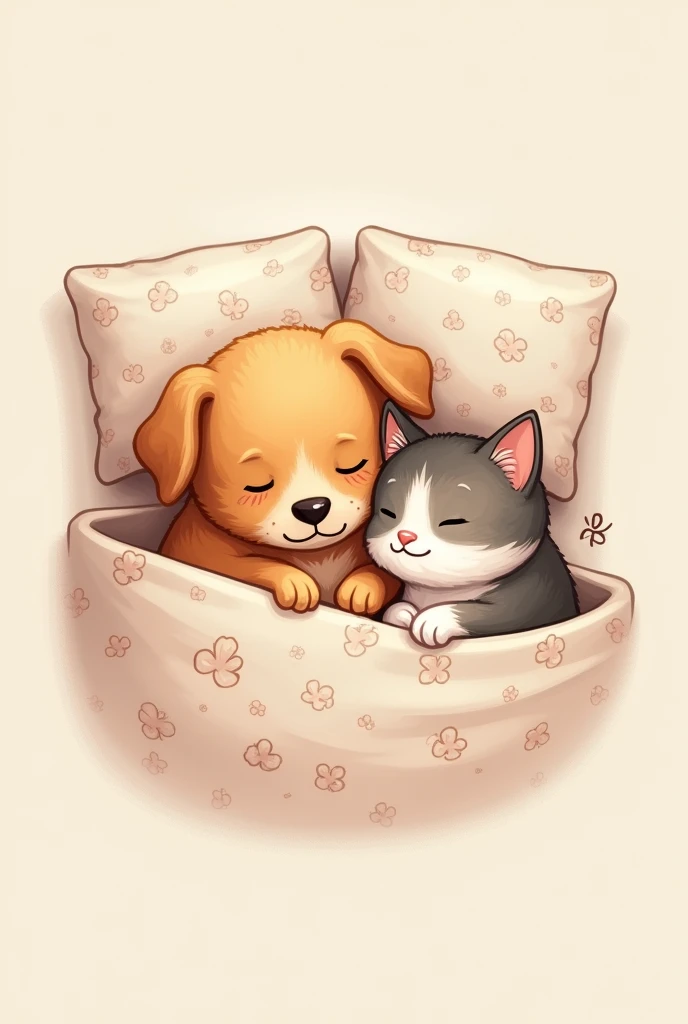 Logo of a dog and cat in a bed 